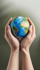 Hands holding the earth over blurred green nature background to protect nature Save and care World for sustainable. concept of the environment ecology and Earth Day. Earth Day concept