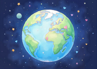 Illustrated Earth with stars and hearts in outer space