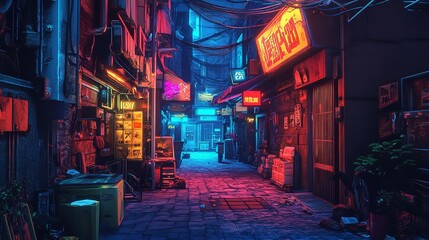 An empty alleyway illuminated only by the glow of neon signs creating an eerie and otherworldly atmosphere. . AI generation.