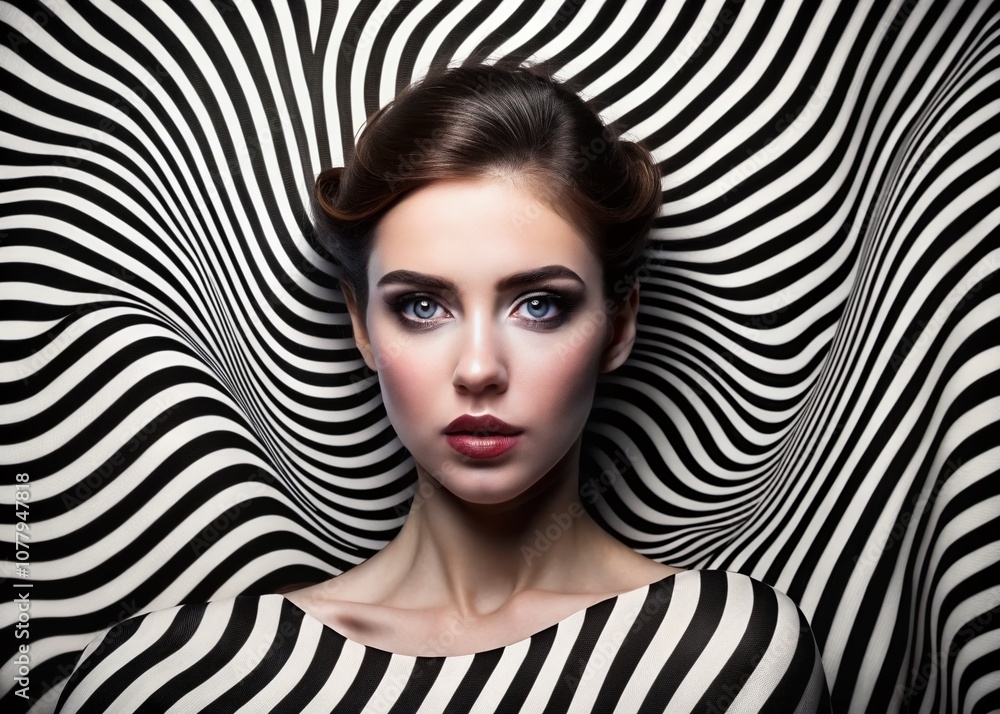 Aufkleber dynamic abstract portrait photography with wavy black and white lines creating stunning illusions an