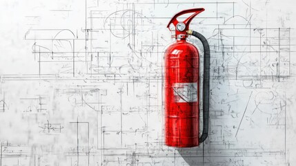 A red fire extinguisher mounted on a wall with technical drawings in the background.