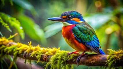 Obraz premium Dynamic Macro Photography of a Green and Blue Feathered Bird in a Lush Forest Setting, Celebrating Team Spirit in a Vibrant Nature Scene