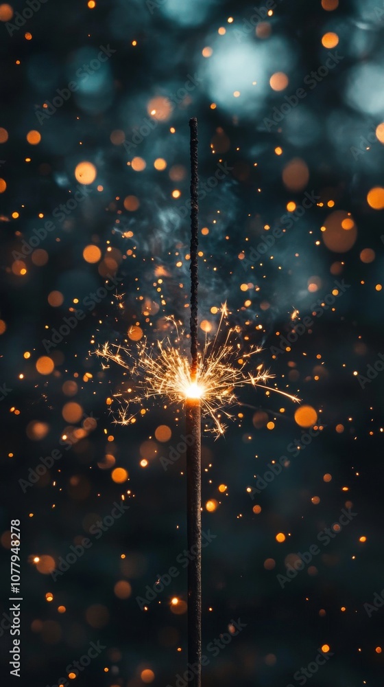 Poster sparkler igniting with bokeh lights on dark