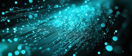 A visual representation of glowing particles and light beams in a digital space.