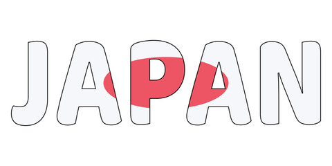 The country name JAPAN is displayed in large, bold letters. Each letter is filled with the colors and symbols of the Japanese flag.