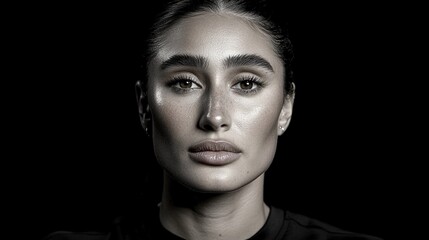 Fototapeta premium Intense Close-Up Portrait of a Beautiful Woman with Striking Features and Natural Makeup Against a Dark Background, Capturing Strong Emotions and Bold Expressions