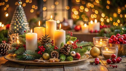 Elegant Christmas Table Arrangement with Candles and Festive Decor for Holiday Celebrations in 2025 - A Perfect Setting for Cozy Family Gatherings and Holiday Cheer