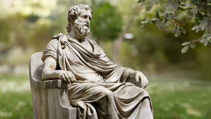 A statue of Plato, the ancient Greek philosopher, sitting on a stone chair