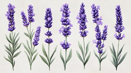 Naklejka premium A collection of 8 illustrated lavender flowers with varying heights and arrangements.
