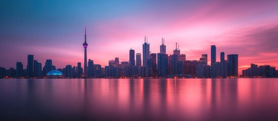 Fototapeta premium City skyline at sunset with a reflection in the water.