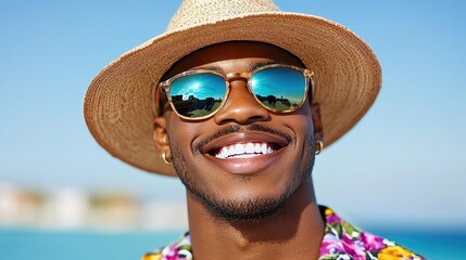 Smiling Young Man with Sunglasses and Straw Hat Against a Bright Blue Background, Exuding Joy and Confidence at a Tropical Beach Location