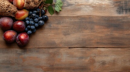 Naklejka premium Autumn abundance flat lay with german erntedankfest fruits on wooden background