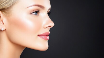 Fototapeta premium Elegant Profile of a Modern Woman with Radiant Skin Against a Dark Background for Beauty and Skincare Concepts
