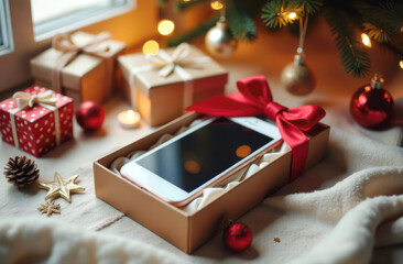 Festive gift boxed smartphone under christmas tree with ornaments and lights