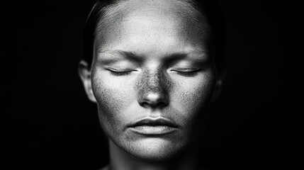Obraz premium Serene Expression of a Young Woman with Freckles and Closed Eyes in Artistic Black and White Photography against a Dark Background