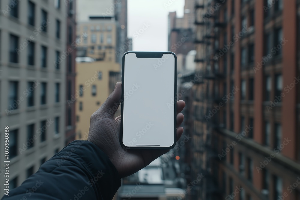 Poster hands gripping smartphone with blank display above desk surface