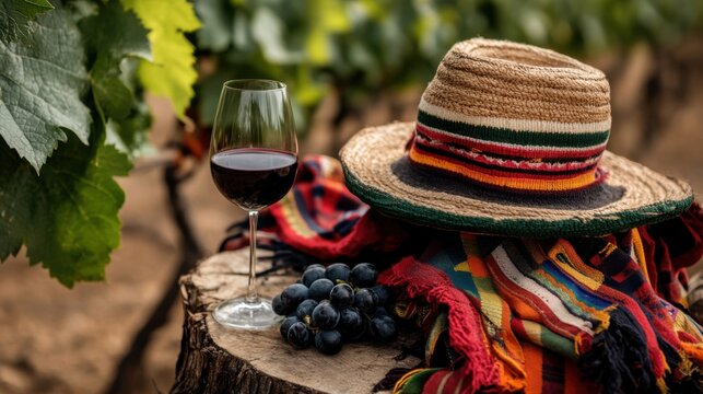 Bolivian carnaval de tarija flat lay featuring traditional hat, grapes, and vibrant textiles