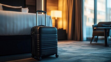 Naklejka premium A sleek suitcase stands ready beside a cozy hotel bed, symbolizing adventure and relaxation in a modern setting.