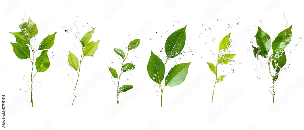 Poster set of fresh green leaves splashing with water isolated transparent background