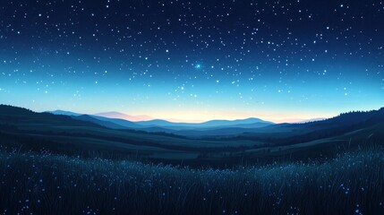 A starry night sky over a rolling green hill landscape.