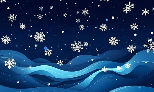Dark blue background with falling snowflakes and stars, perfect for a Christmas banner, poster, or greeting card template. Flat vector illustration for a winter holiday design.