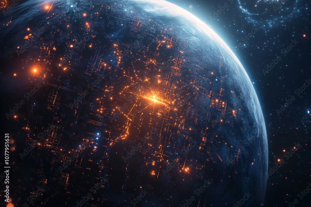 Aufkleber futuristic planet enveloped in advanced technology and glowing data streams in dark cosmos