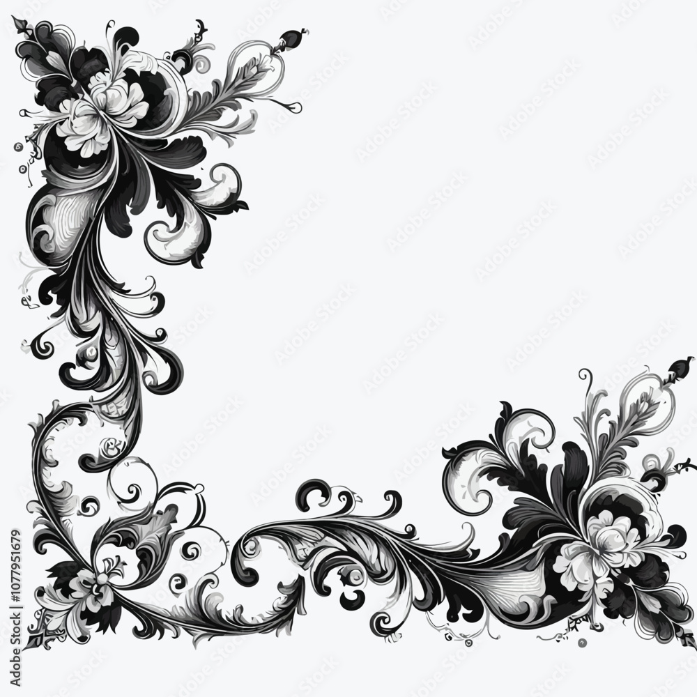 Fototapete Elegant border with filigree patterns in the corners and delicate swirl accents vector