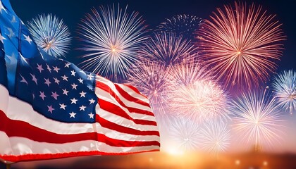 Fourth of July Fireworks with American Flag, a Patriotic Celebration of Independence