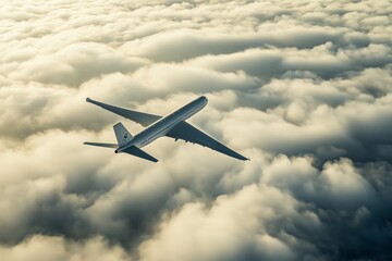 Passenger aircraft soaring through the sky above a blanket of clouds