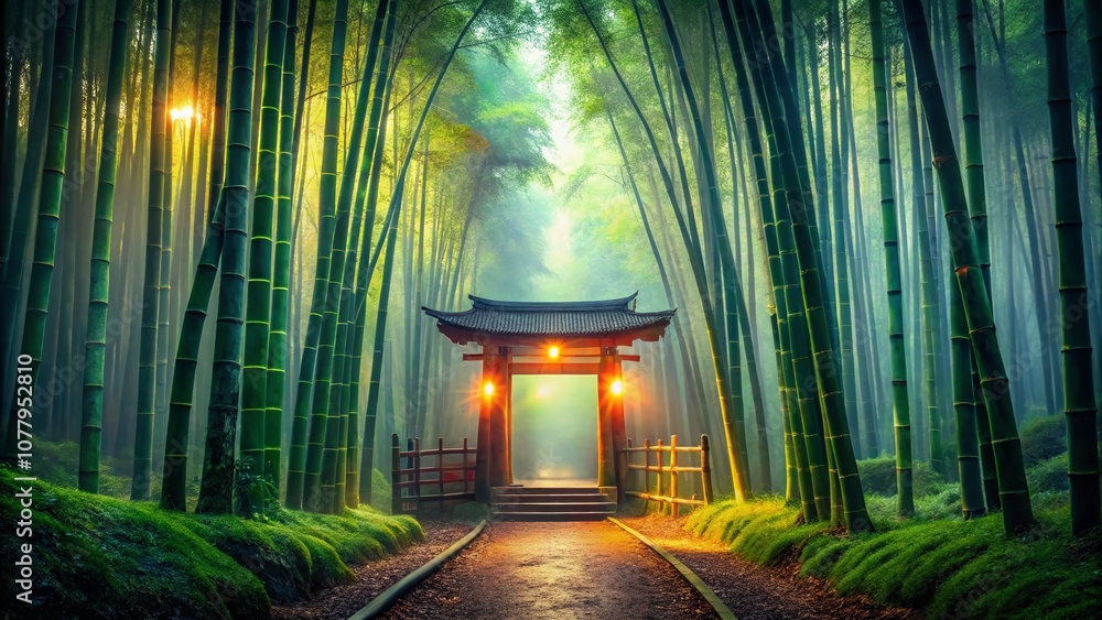 Poster enchanted low light photography of a mystical bamboo forest with an intriguing gate framed by lush g