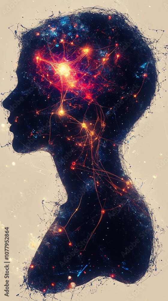 Poster a silhouette of a person's head with a glowing network of lines and dots representing thoughts, idea