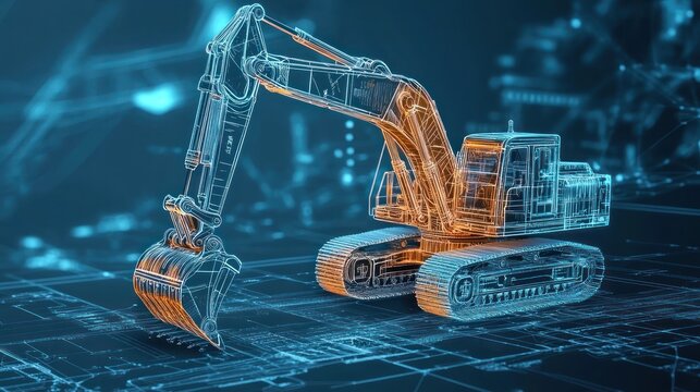 A digital illustration of an excavator showcasing its design and technology.
