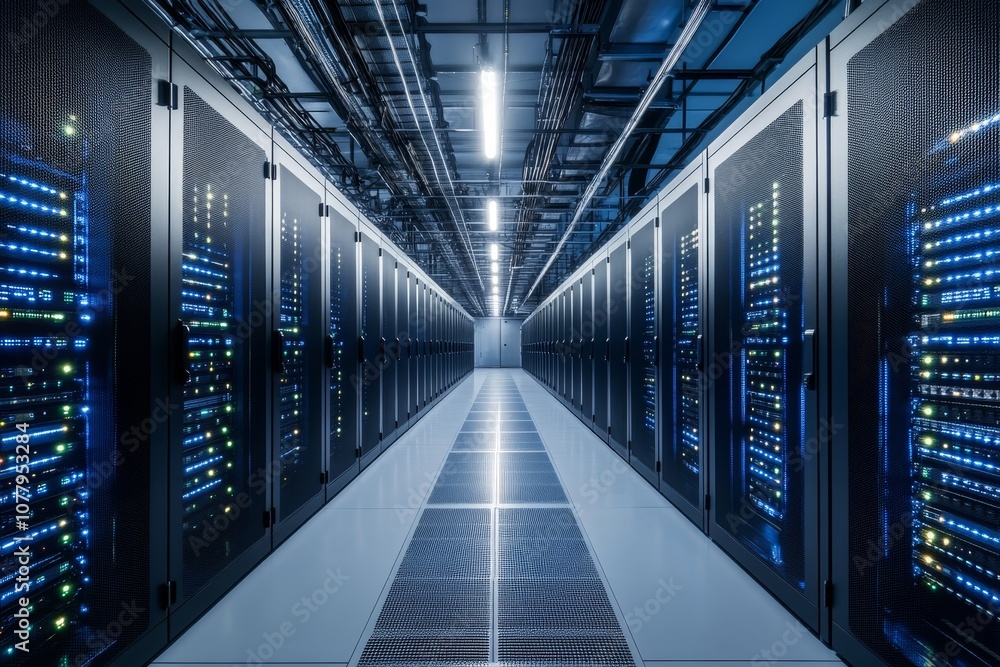 Poster rows of data center servers exploring cloud computing, database storage, and network technology
