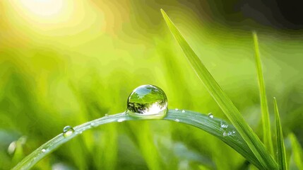 A single dewdrop sits atop a blade of grass in a field of green, reflecting the sun and a blurry background of trees.
