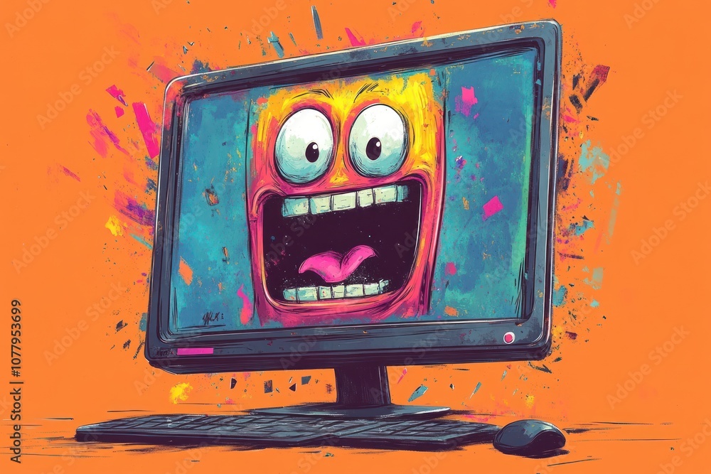Fototapete a computer monitor displaying a cartoon character with a surprised expression. the character is brig