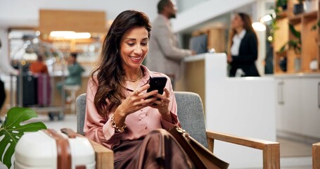 Woman, phone and hotel for communication in lobby, trip and professional for luxury accommodation....