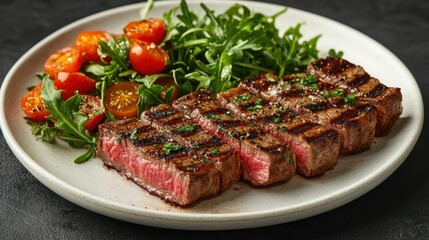 Grilled steak with arugula salad and cherry tomatoes on a white plate.