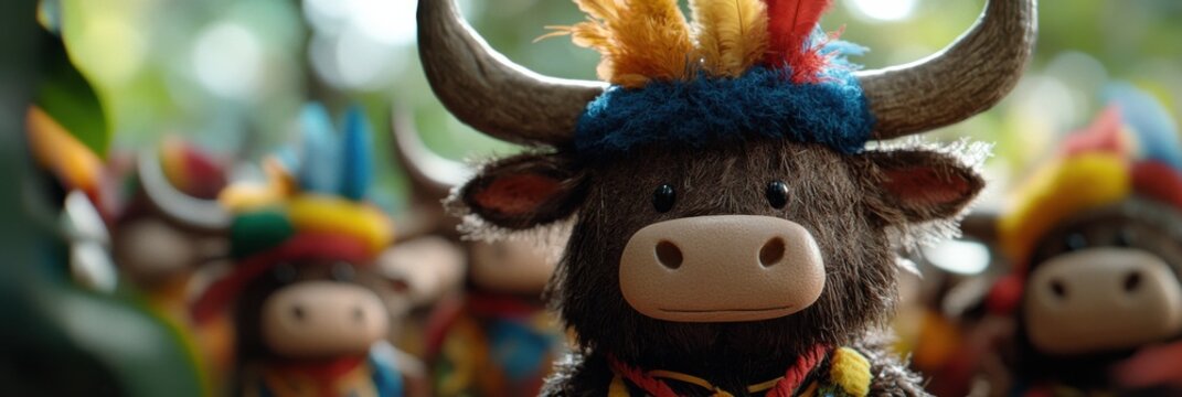 Colorful celebration of brazilian boi bumb festival with decorative bull masks