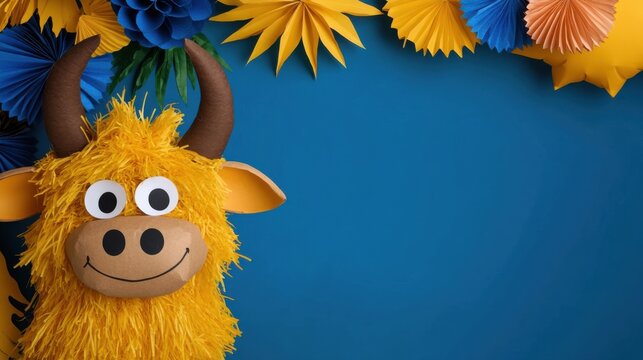 Colorful celebration of brazilian festival do boi bumb&aacute; with vibrant decorations and bull figure