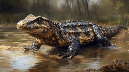 A detailed illustration of a prehistoric crocodile-like creature.