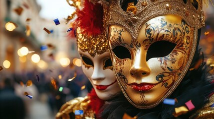 Fototapeta premium Colorful german carnival masks with festive confetti in vibrant street celebration