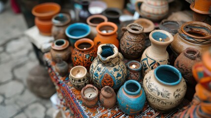 Fototapeta premium Colorful pottery display at peruvian festival of santurantikuy