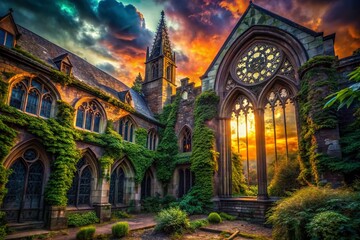 Enigmatic Gothic Architecture Surrounded by Lush Overgrowth in an Abandoned Urban Landscape Capturing the Haunting Beauty of Decay and Nature's Embrace
