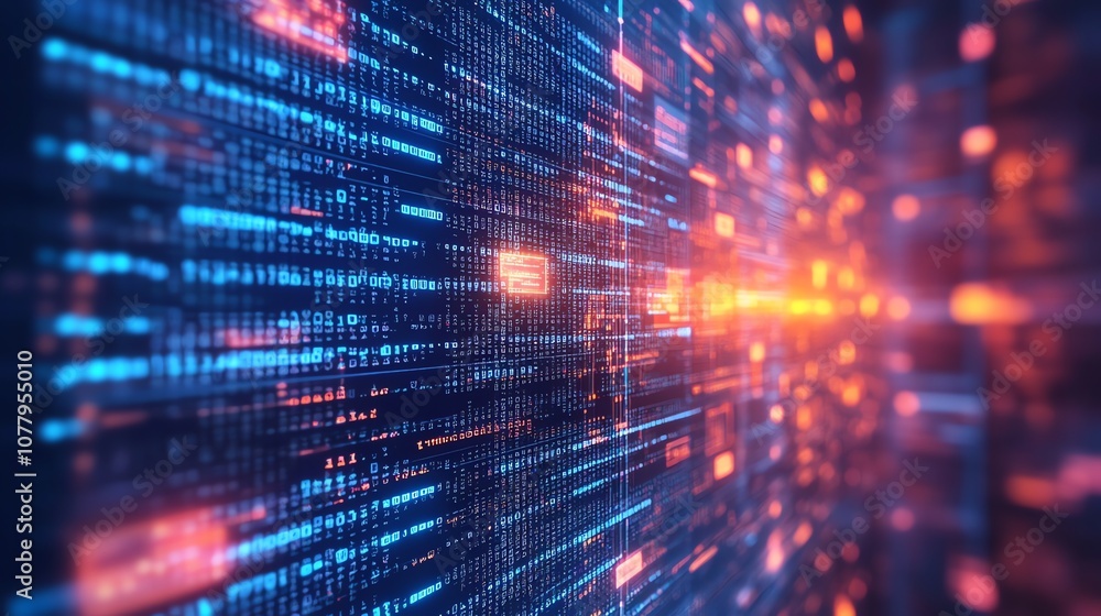 Poster Abstract digital background with glowing lines and numbers, representing data flow, digital transformation, and technology.