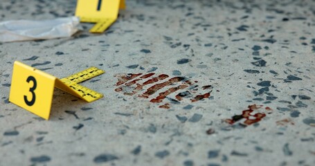Crime scene, evidence and investigation with law label for forensic science on ground. Police,...