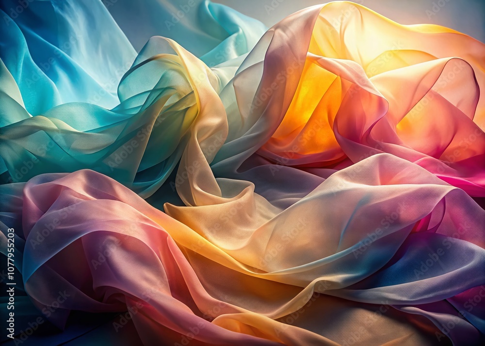 Poster ethereal flow of soft drapes illuminated by gentle light, creating a serene atmosphere with flowing 