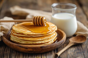 Delicious breakfast  fluffy pancakes drizzled with honey accompanied by a glass of milk