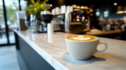 Fototapeta premium Cozy cafe vibes with warm espresso macchiato in ceramic cup