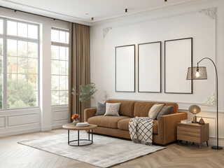 Living room wall poster mockup,Modern interior design. 3D render,A paper size,Interior mockup with house background,Mockup poster in the living room,picture frame mockup on wooden desk,velvet sofa,Ai