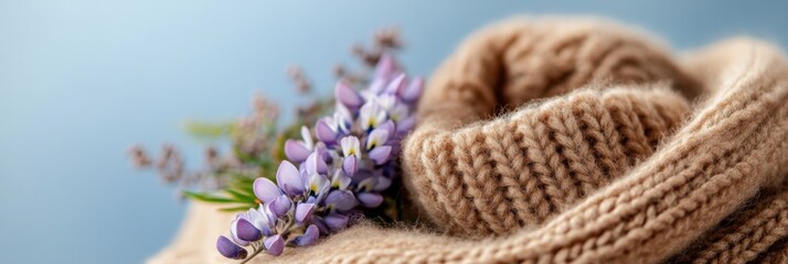 Fototapeta premium Cozy flat lay with wool sweater and purple flowers celebrating icelandic first day of summer